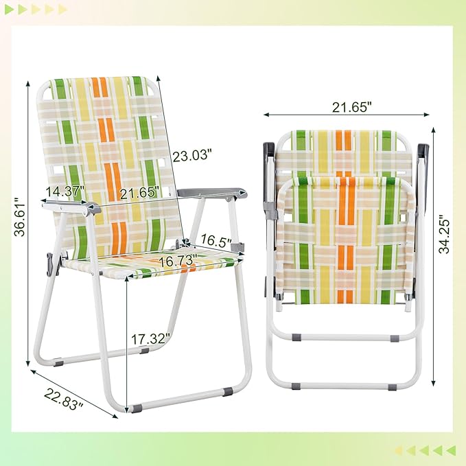 Folding Patio Lawn Webbed Chair Set of 2, Portable Outdoor Beach Chair for Adults, Camping Chair Steel Frame 300lbs Capacity for Yard, Garden Dining, Party, Picnic, 16.7" Seat Width