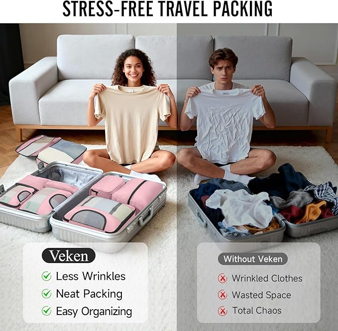 Veken 10 Set Packing Cubes for Travel Essential, Suitcase Organizer Bags in 4 Sizes, Carry-On Luggage Accessories with Large Laundry & Hanging Toiletry Bag, Must-Have for Airplane, Road Trip & Camping