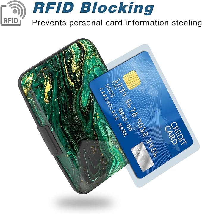 Credit Card Holder, Mini Aluminum Card Wallet RFID Blocking Slim Metal Hard Card Case for Women Men, Green Gold Marble