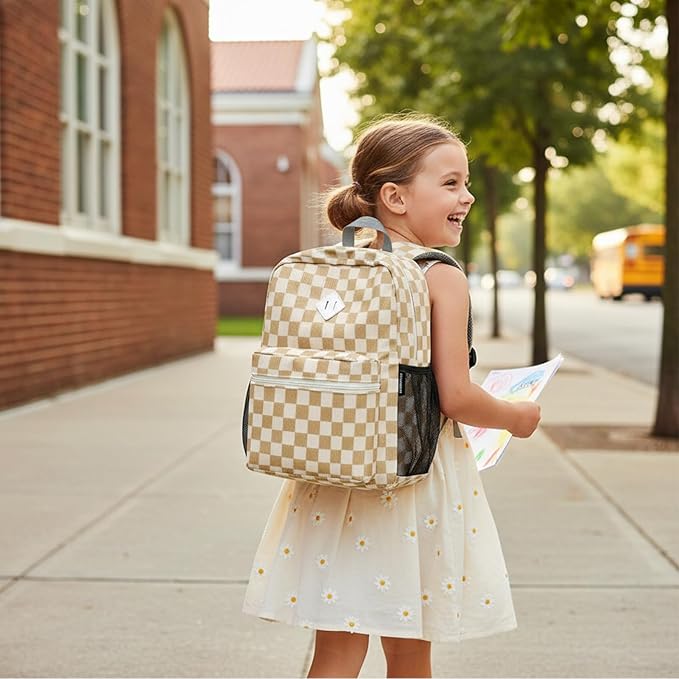 STEAMEDBUN Corduroy Kids Backpack for Girls Boys 3-8, Boys Girls Backpack for Elementary Kindergarten - Checkered
