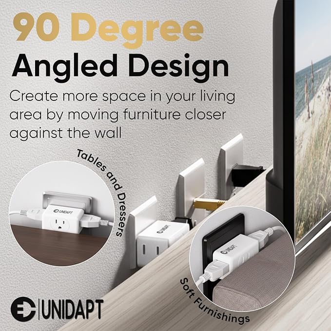 Unidapt Multi Plug Outlet Extender 2 Pack - 3 Way Wall Outlet Splitter, Cruise Ship Essentials Power Plug Adapter, Compact Travel Wall Tap Expander, Flat Angled Design, Home, Office, Dorm - White
