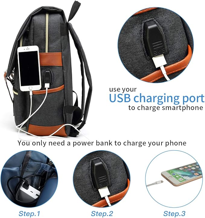 Mancio Vintage Laptop Backpack with USB Charging Port, Slim Tear Resistant Business Backpack for Travelling, College, Daypacks for Men,Women, Fits up to 15.6Inch Notebook in Black