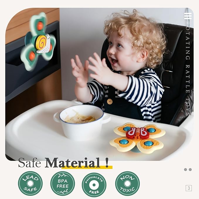 ALASOU 3PCS Suction Cup Spinner Toys for 1 Year Old Boy Girl|Spinning Top 12 18 Months|1 2 Year Old Boy Birthday Gift|Baby Bath Toy for Kids Ages 1-3|Sensory Airplane Travel Toy for Infant Toddlers