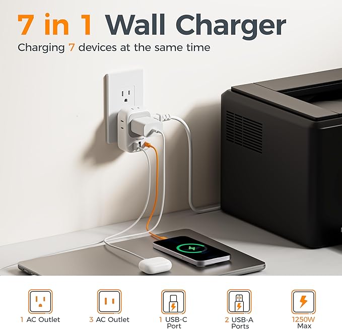 TESSAN USB C Charger Block 20W PD, Fast Charging Adapter Wall Plug, Power Outlet Extender(4 AC and 3 USB) for Cruise, Home, Office, Dorm Room Essentials, Grey