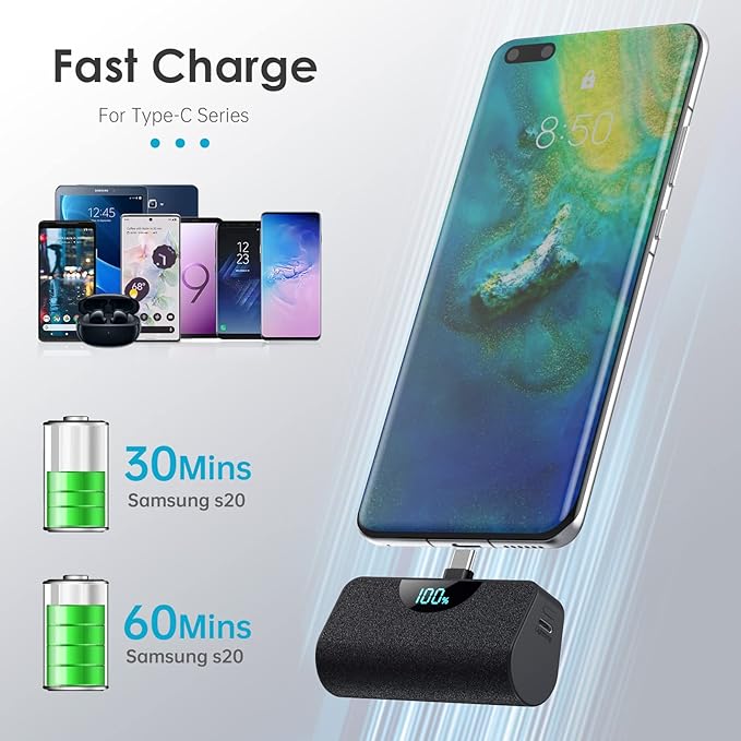Mini Portable Charger USB C Power Bank,Upgraded 5200mAh PD Fast Charging Battery Pack Built-in USB-C Connector Travel Essential for iPhone17/17Pro/17Pro Max/Air/16 Plus/16Pro Max/15 Series,Android