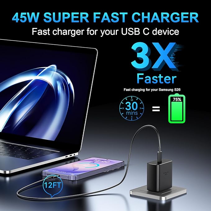 45W USB C Super Fast Charger Type C Charger Fast Charging Android Phone Charger Block with 12FT Type C Charging Cable for Samsung Galaxy S26 Ultra/S26/S26+/S25/S25 Ultra/S25+/S24 Ultra/S23 Ultra/S26