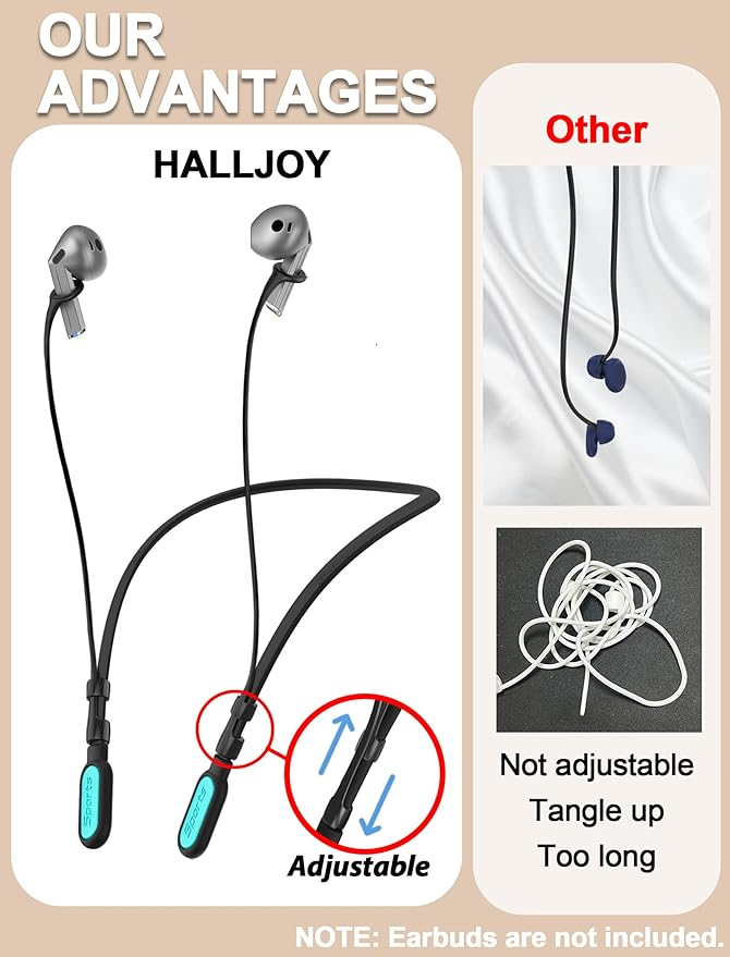 HALLJOY for Galaxy Buds 4/4 Pro/Buds 3/3 Pro Strap Neckband, Anti-Lost Accessories, Support Volume Control, Ergonomic Design, Fit Airpods Pro 3/2/1, Airpods 4, 3, 2, 1, Black Band/LightBlue Tip
