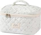 uekeboag Large Travel Quilted Makeup Bag for Women, Floral Cotton Cosmetic Bag, Coquette Aesthetic Floral Toiletry Organizer Bag