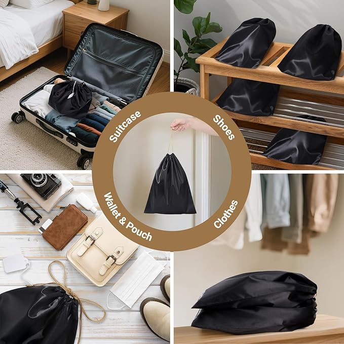 Ewen Small Medium Large Satin Drawstring Dustbags with Tags, 3 Pack Dustproof Travel Essentials Organizer Bags for Handbags, Black Packing Bags for Closet Home Storage Jewelry Shoes Purse Organization
