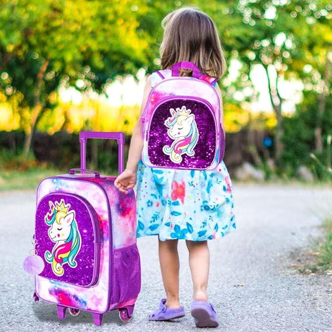 2Pcs Kids Suitcase, 18" Girls Carry on Luggage With Wheels, Unicorn Suitcases with toddler Backpack(Purple)