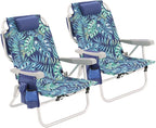 SUNNYFEEL Low Beach Chair 2 Pack, 5-Position Lay Flat Reclining, Backpack Portable Folding Chairs with Cooler Bag & Cup Holder, Heavy Duty 350 LBS, Compact for Beach, Camping, Travel