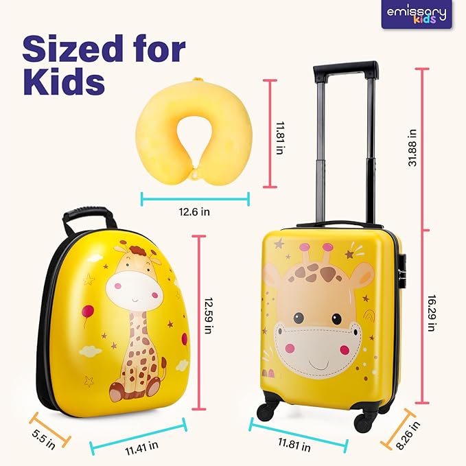 emissary Kids Luggage with Wheels, Hardside Toddler Carry On Suitcase Set, Lightweight Rolling Travel Bag for Boys and Girls, Airline Approved Travel Gifts - Yellow Giraffe