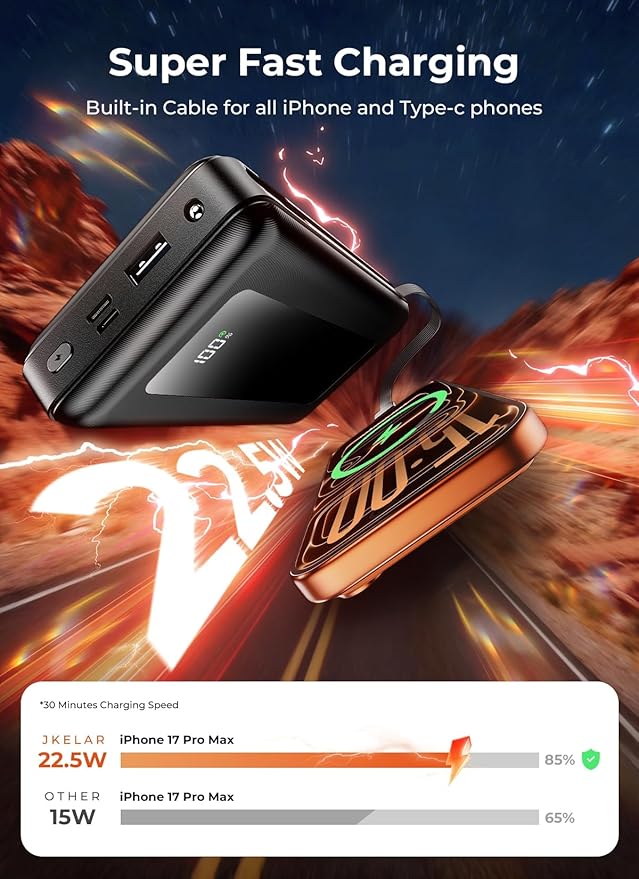 Power Bank, 50000mAh Portable Charger, Travel Camping Essential Battery Pack with Built-in Cables, PD 22.5W Fast Charging, Large Capacity Portable Phone Charger, Jet Black