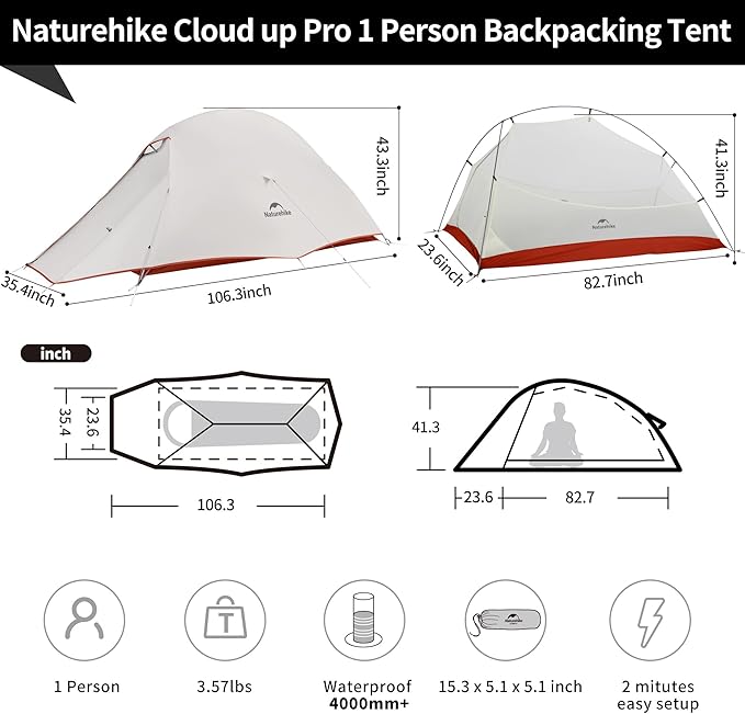 Naturehike Cloud Up Tent, Lightweight Backpacking Tents, Waterproof Ultralight Tent for Camping Hiking Backpacking