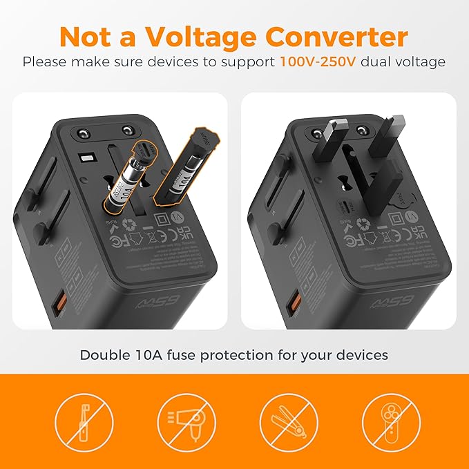 TESSAN Universal Travel Adapter, 65W International Power Adapter with 4 USB Charging Ports (2 USB C), Worldwide Plug Adaptor for US to Europe UK Italy Spain France Ireland Australia (Type C G A I)