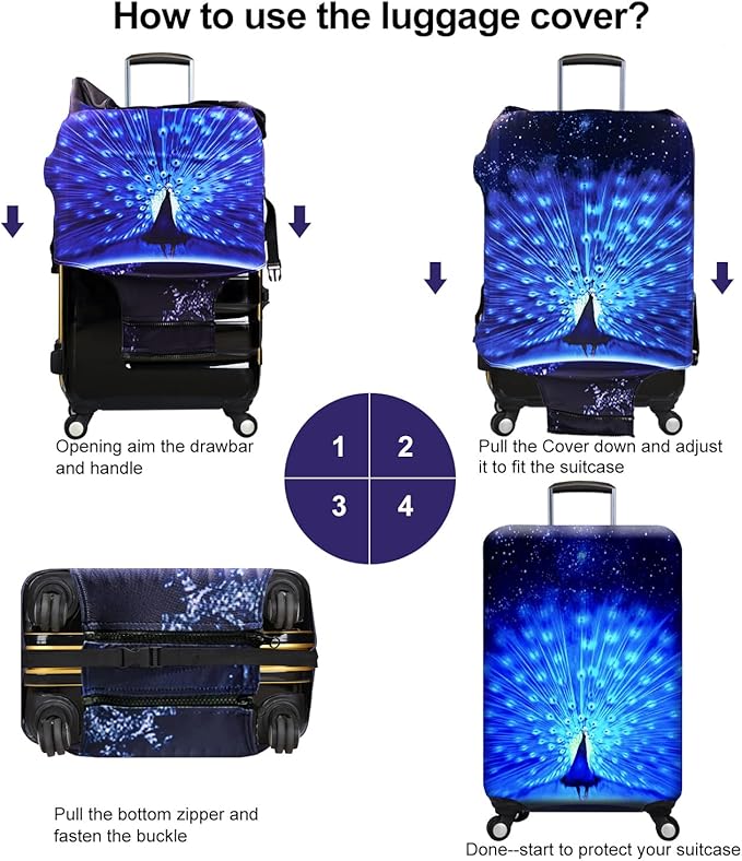 Suitcase Cover 3D Print Design Travel Luggage Protector Trolley Case Cover 26"-28" Sleeve, BluePeacock