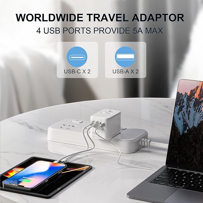 oviitech Universal Travel Adapter, International Power Adapter with 2 USB-C and 2 USB-A Ports, 70W Worldwide Travel Wall Charger for UK,Europe,USA,Australia.White.