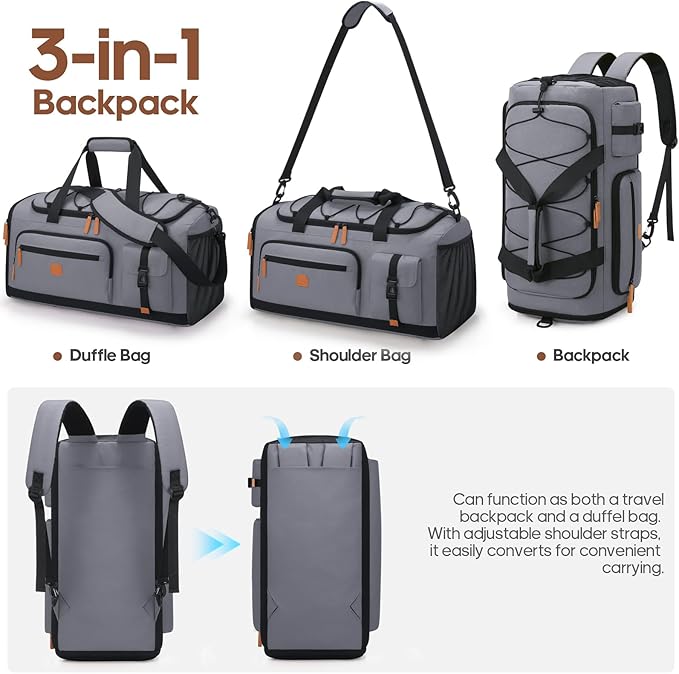 Gym Bag for Men and Women with Shoe & Laptop Compartment, 3-in-1 Sports Travel Duffel Bag Anti-Theft Weekender Carry-on Backpack for Airplane & Workout, Overnight Travel Bag, 35L, Dark Grey, Medium