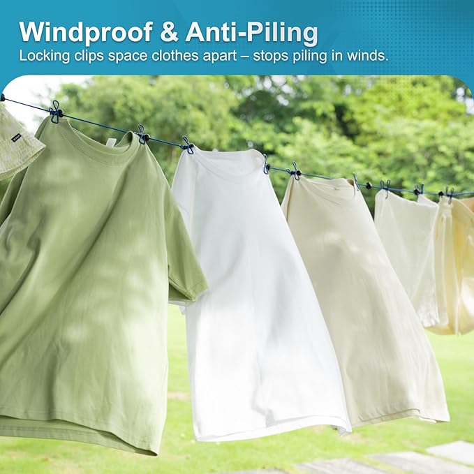 2 Pack Retractable Portable Clothesline, Windproof Clothes Line for Outdoor Camping, Travel, Laundry Drying with 12 Clips for Cruise, Hotel & Home-Sapphire Blue & Sky Blue