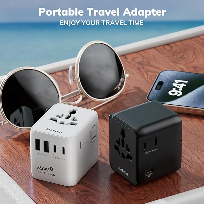 Hichain International Power Adapter 35W, Universal Travel Adapter 7-in-1 Worldwide Plug Power International Charger for Business Travelers Vacationers, Fast Charging for iPhone 17/16, Tablets, GoPro