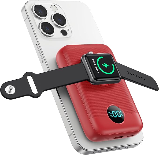Pxwaxpy Magnetic Portable Charger 10800mAh,4-in-1 Power Bank with iWatch Charger, 25W PD Fast Charging USB C Battery Pack for Magsafe,iPhone 17/16/15/14/13/12 Series,Apple Watch (Red)