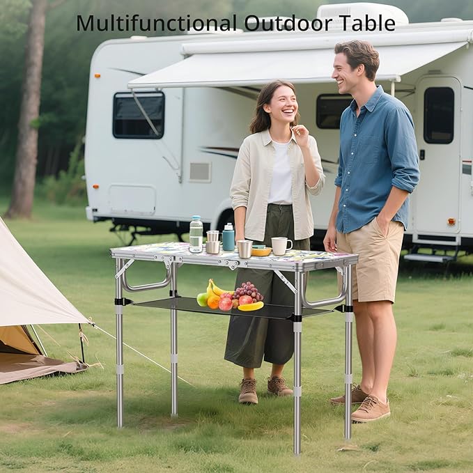 Anbte 3ft Folding Camping Table with Storage Net & Bag, 3 Adjustable Height Max 27.5" Outdoor Folding Table Lightweight, Portable Handle for Outdoor Indoor Camping Beach RV Picnic, Blooming Floral