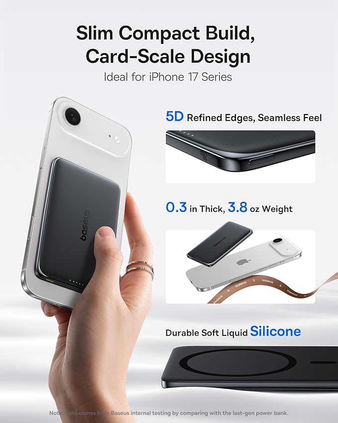 Baseus Picogo Power Bank, 0.3" Ultra Slim 5000mAh MagSafe Battery Pack, Upgraded CCC Certified and Polished Alloy Magnetic Portable Charger, Wireless Charger for iPhone 17/16/15/14/13/12