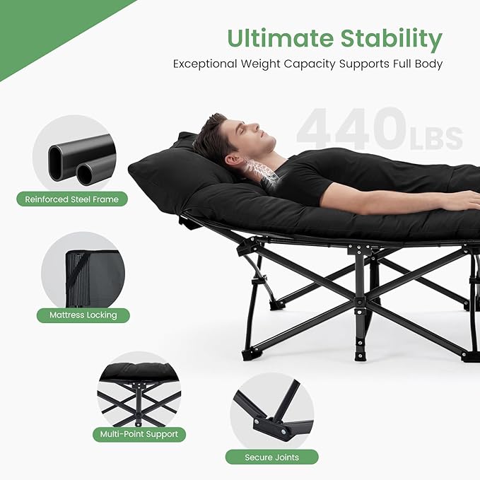 OLIXIS Folding Camping Cot, Rollaway Bed, Portable Camping Bed for Indoor & Outdoor, Sleeping Cot for Adults, 3.5'' Cushion, 440 lbs Sturdy Frame, Quick Setup, Compact Carry & Storage, Black