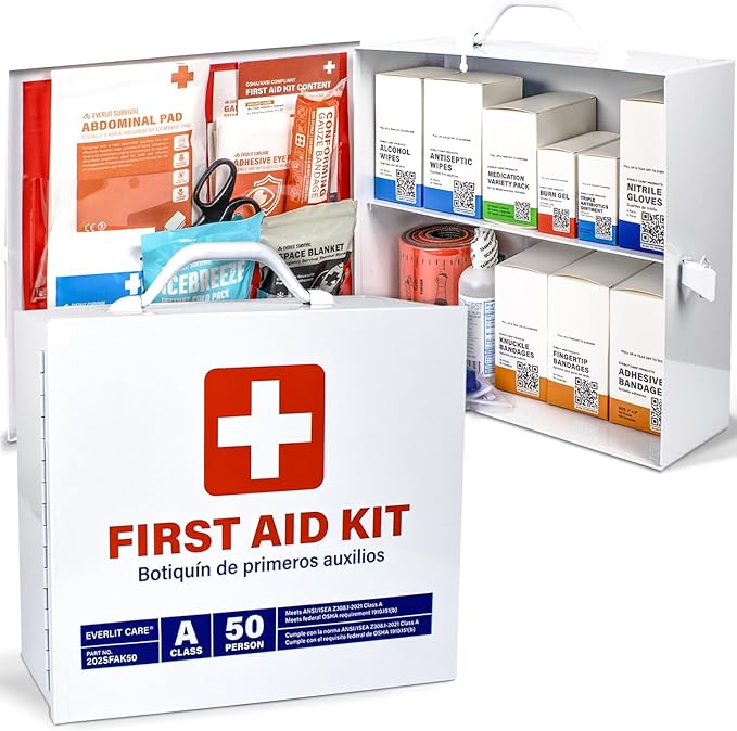 EVERLIT CARE 2-Shelf OSHA-Compliant First Aid Kit, ANSI Class A 50 Person Emergency First Aid Cabinet for Buiness, Job Site, Industrial Manufacturing Facility, Restaurant, and Kitchen