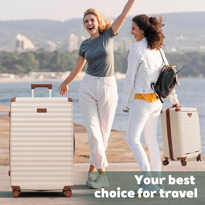 5 Piece Luggage Set w/TSA Locks & USB Port, Front Opening Hard Shell Luggage Sets, Expandable Suitcase Set with Wheels and Cup Holder(20"/24"/28") (Brown White)