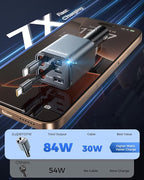 2026 Ultra-Compact SUPERONE Retractable Car Charger, 5 in 1 Car Phone Charger with USB C & Apple Cables, 84W Fast Charging USB C Car Accessories Adapter for iPhone 17/16/15/14/13, Galaxy, Pixel