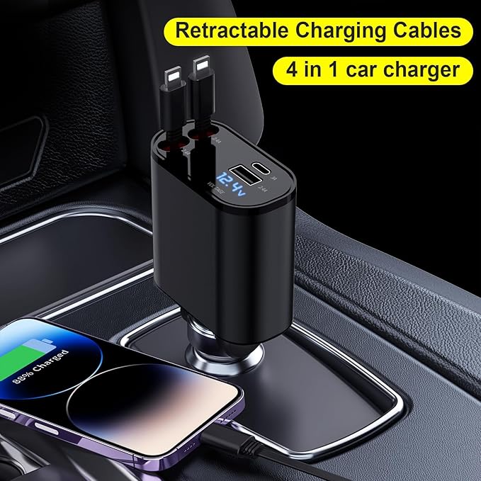 60W Fast Charging Car Charger for iPhone, 4-in-1 Retractable Phone Charger, Travel Essentials, Gifts for Women Men, Car Accessories for Women Men, for iPhone 14 13
