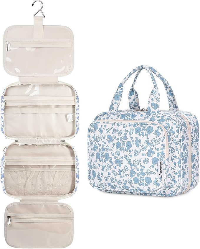 Narwey Hanging Floral Toiletry Bag for Women Travel Makeup Bag Organizer Toiletries Bag for Travel Size Essentials Accessories Cosmetics (Blue Flower (Medium))