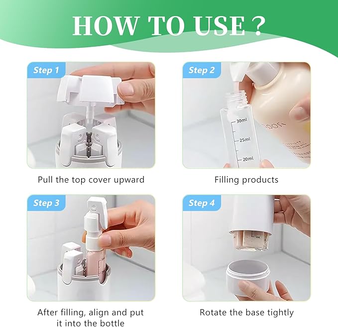 4 in 1 Travel Bottle,Travel Bottles for Toiletries,Refillable, Leak Proof and Portable,Suitable for Storing Shampoo, Shower Gel, Laundry Detergent, Suitable for Travel, Camping and Gym (Green)