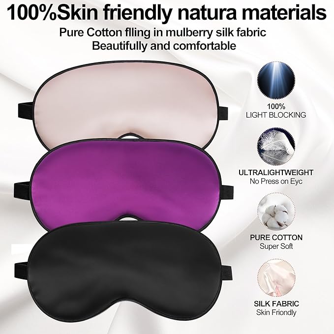 Sleep Mask, Silk Eye Mask for Sleeping with Adjustable Strap, Blindfold Eyeshade for Men & Women, Comfortable & Soft Eye Cover Eyeshade for Night Sleep (Black, Pink, Purple)