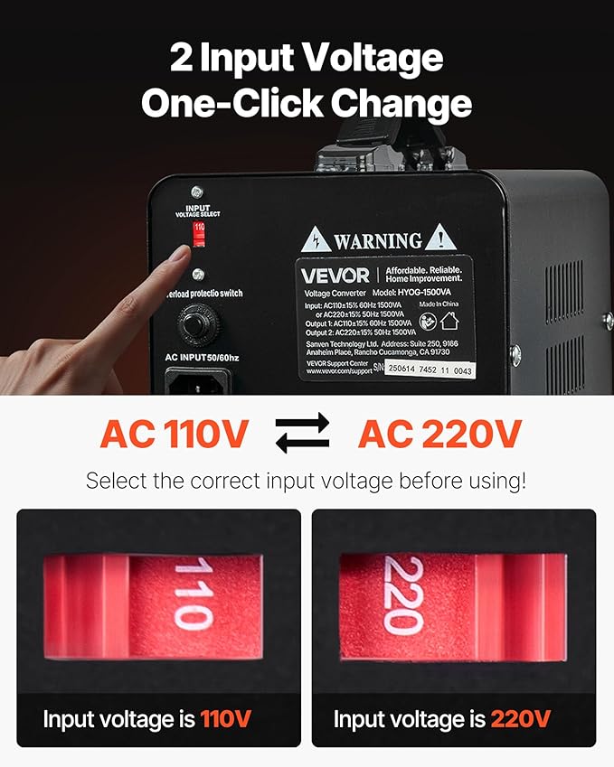 VEVOR Voltage Converter Transformer, 1500VA, Heavy Duty Step Up/Down Power Transformer, Convert from 110V to 220V and 220V to 110V, with EU Outlets, US Outlets, Power Cord, Circuit Breaker Protection