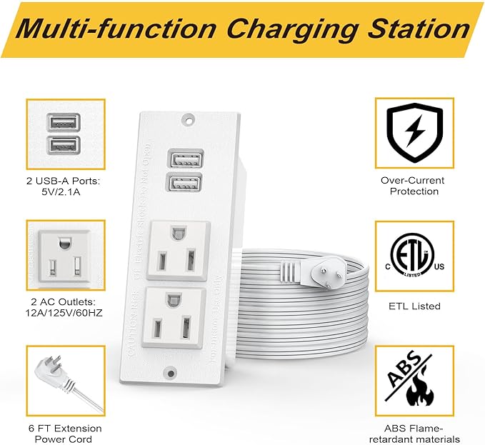 Recessed Outlet Desk Outlets with USB Ports Recessed Power Strip with 2-Socket 2-USB Charging Ports Desktop Power Grommet Charging Station with 6FT Extension Power Cord,Flat Plug