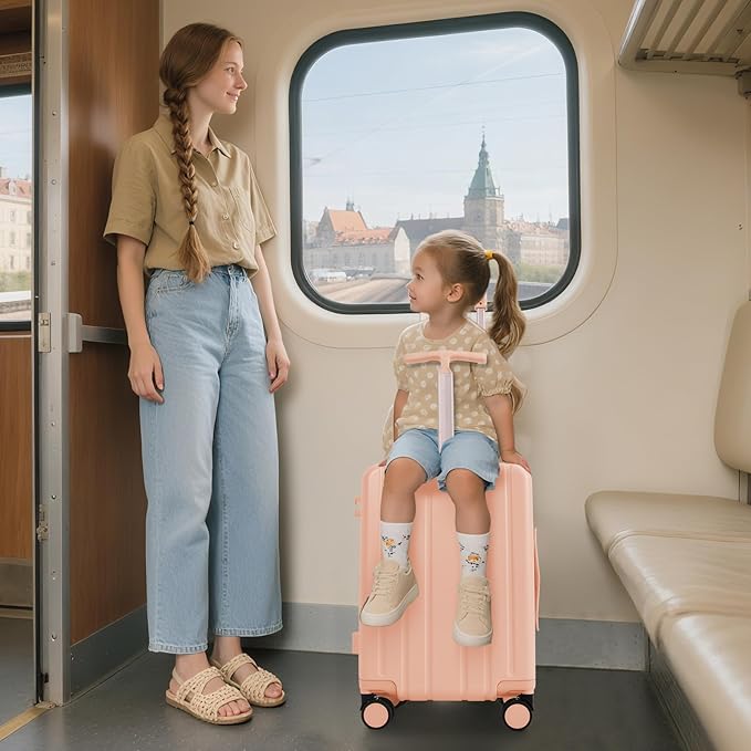 Apelila 20" Ride-On Suitcase with Seat, Double Handle Carry On Luggage with Mesh Pocket & Side Hooks, Hard Shell Spinner Wheels, TSA Lock & Seat Belt