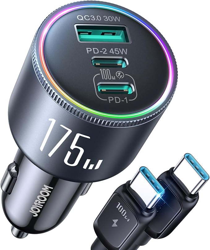 JOYROOM 175W Car Charger USB C Fast Charge [GaN] 3-Port Car Cigarette Lighter Adapter with USBC Cable, Super Fast Car Charger USB C for iPhone 17/16/15 Series, Galaxy S26/25, Laptop, Tablet and More