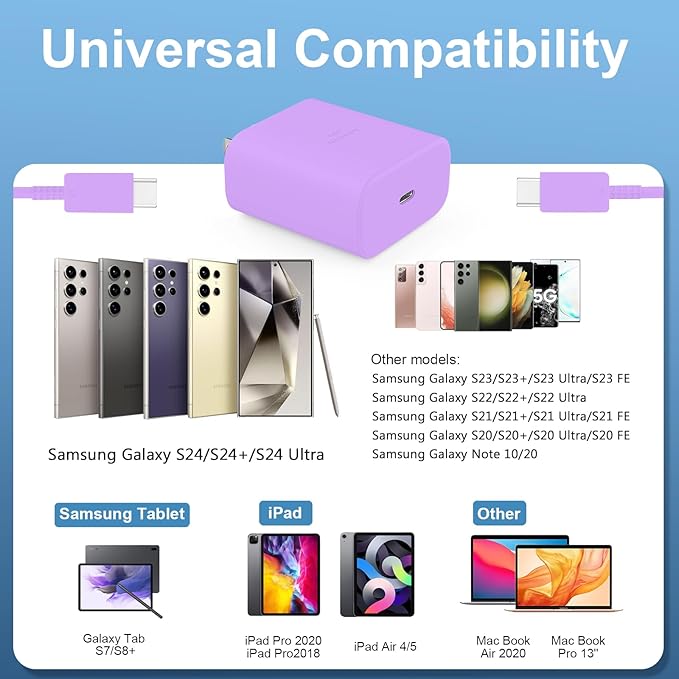45W Super Fast Charger USB C Android Phone Type C Charger Fast Charging Block with 10FT Cord for Samsung Galaxy S26/S26 Ultra/S26+/S25 Ultra/S25/S24 Ultra/S24/S23 Ultra/S22/S21/S20/Note 10, Purple