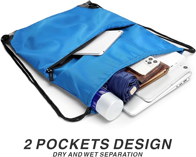 Drawstring Backpack Sports Water Resistant String Bag Sport Gym Sackpack for Women Men Large with Zipper, Neon Blue