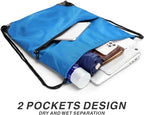 Drawstring Backpack Sports Water Resistant String Bag Sport Gym Sackpack for Women Men Large with Zipper, Neon Blue