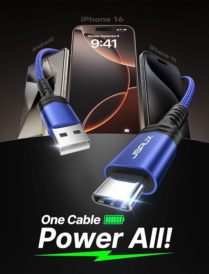 JSAUX USB C Cable [2-Pack 10ft], USB A to USB C Charger Cord 3.1A Fast Charging Compatible with iPhone 15/15 Plus/15 Pro/15 Pro Max, Samsung Galaxy S20 S10 S9, Note 20 10, Car Play, LG G8 G7 V30-Blue