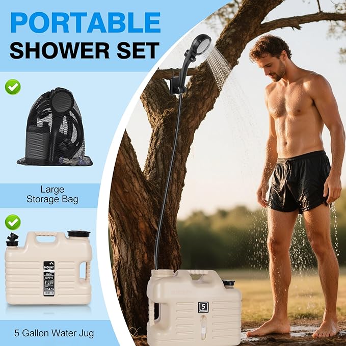 Digury Portable Camping Shower with 5 Gallon Water Jug, 6000mAh Rechargeable Outdoor Camping Shower Kit, IPX7 Waterproof Pump BPA Free Water Containers Camp Essentials