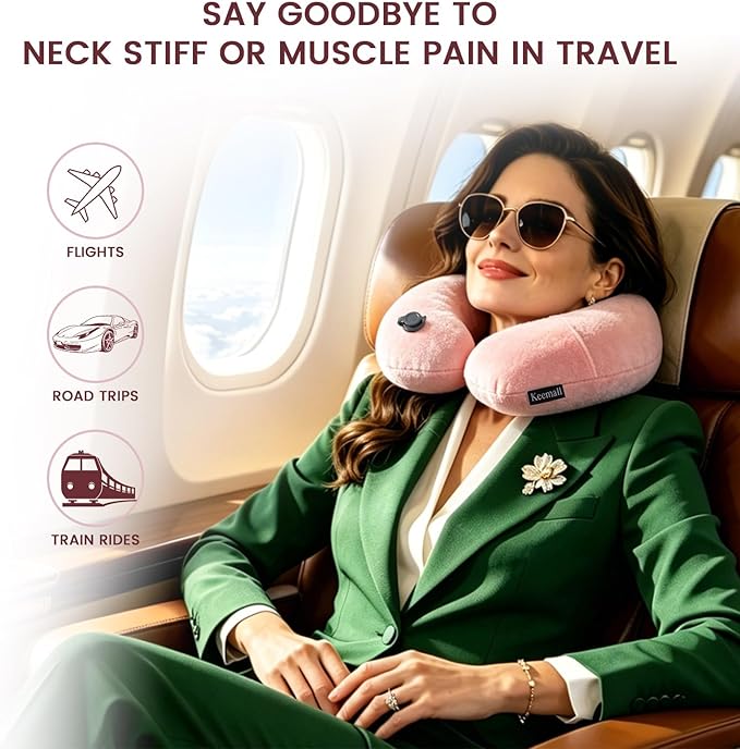Keemall Inflatable Neck Pillow, Premium Pink U-Shaped Travel Pillow with Soft Washable Cover, Compact Portable Airplane Travel Essentials for Flight, Car and Office, Ideal Travel Gift for Women