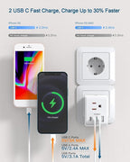 2 Pack European Travel Plug Adapter, International Power Plug Adapter with 3 Outlets 4 USB Charging Ports(2 USB C), Type C Plug Adapter Travel Essentials to Most Europe EU Spain Italy France Germany