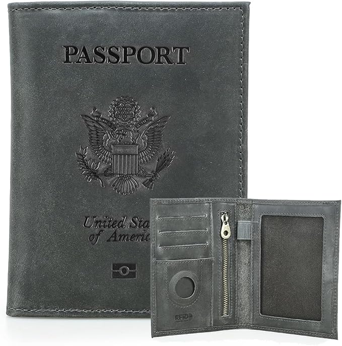 CONTACTS Full Grain Leather Passport Holder RFID Blocking Travel Passport Wallet Compatible with Airtag Passport Cover Case with 4 Cards Slots, Coin Pocket (Badge, Gray)