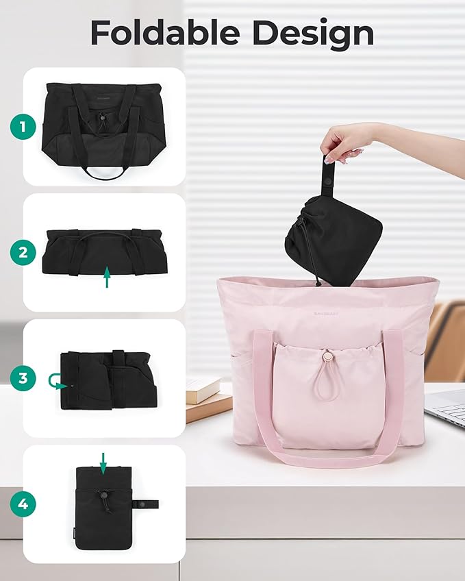 BAGSMART Foldable Tote Bag with Drawstring Bag, Tote Bag Shoulder Bag Top Handle Handbag for Travel, Work, Beach, Gym