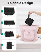 BAGSMART Foldable Tote Bag with Drawstring Bag, Tote Bag Shoulder Bag Top Handle Handbag for Travel, Work, Beach, Gym
