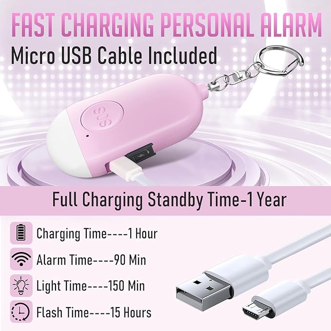 Personal Alarm Siren 5-Pack - 130dB Self Defense Alarm Keychain, Rechargeable with Emergency LED Flashlight - White, Touch Control